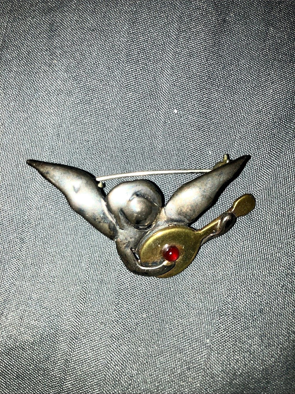 Vintage Silver Angel with Mandolin Brooch Pin